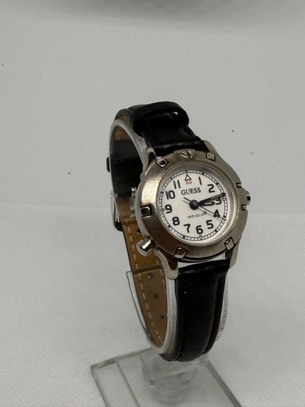 GUESS Vintage 1990s Indiglo Women's Silver-Tone Watch White Dial Black Leather - Picture 8 of 11